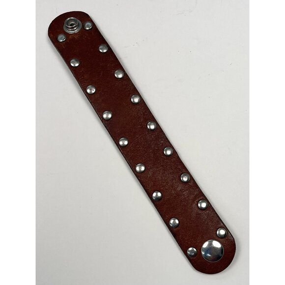 VTG Y2K 1990s TANDY LEATHER Brown Silvertone Studded CUFF Bracelet 8" Snap - Picture 1 of 2